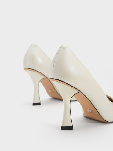 Leather Flared Heel Pumps, White, hi-res