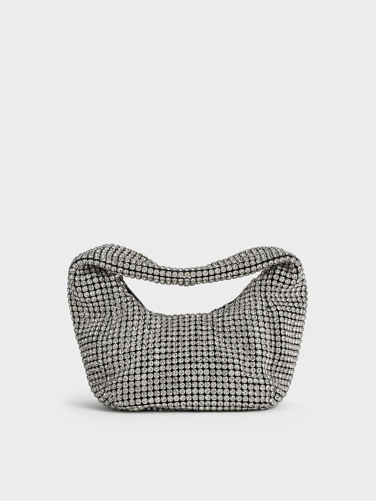 Crystal-Embellished Hobo Bag, Silver, hi-res