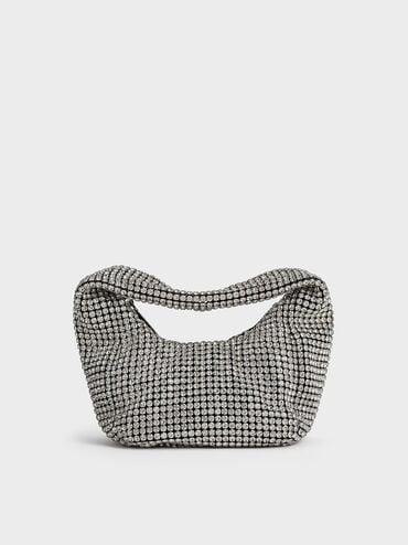 Crystal-Embellished Hobo Bag, Silver, hi-res