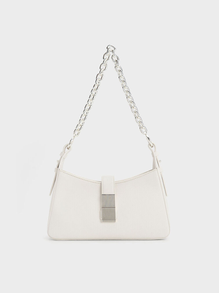 Chain Handle Shoulder Bag, White, hi-res