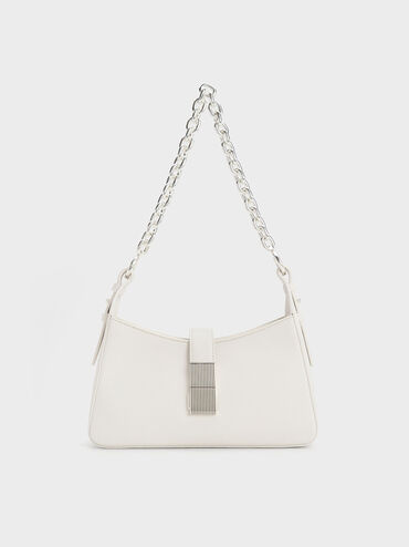 Chain Handle Shoulder Bag, White, hi-res