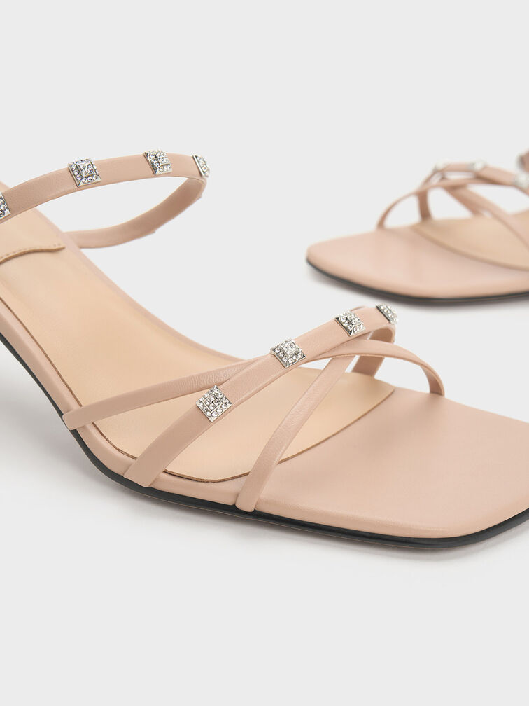 Square Crystal-Embellished Leather Heeled Mules, Nude, hi-res
