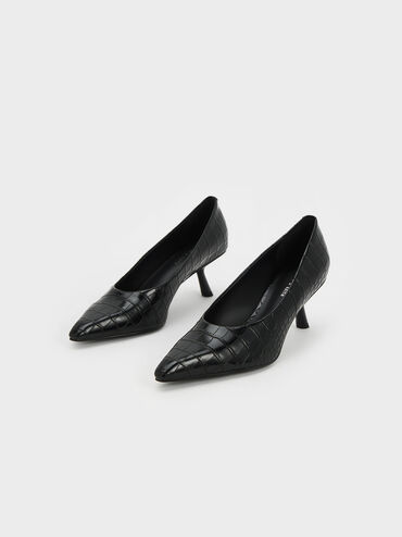 Croc-Effect Slant Heel Pumps, Animal Print Black, hi-res
