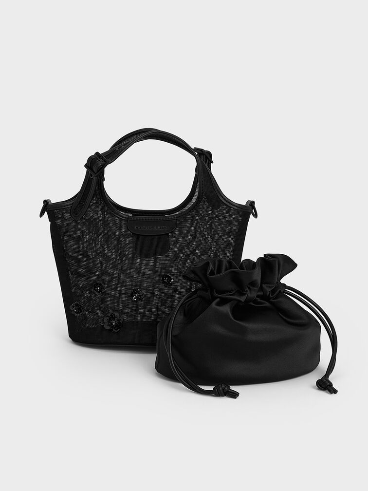 Mesh Sequin-Flower Tote Bag, Jet Black, hi-res