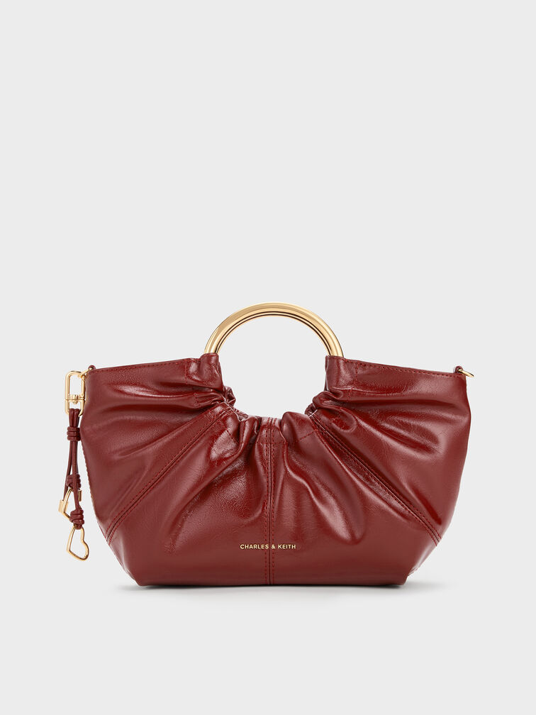 Ciara Ruched Metal Top Handle Bag, Burgundy, hi-res