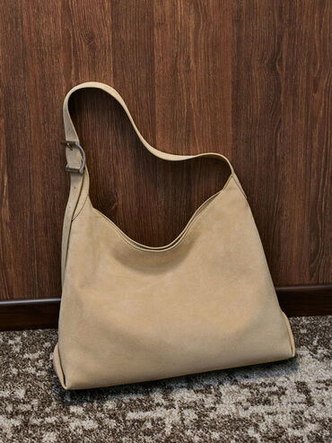 Larsen Recycled Suede Buckle-Strap Hobo Bag, Nutmeg Beige, hi-res