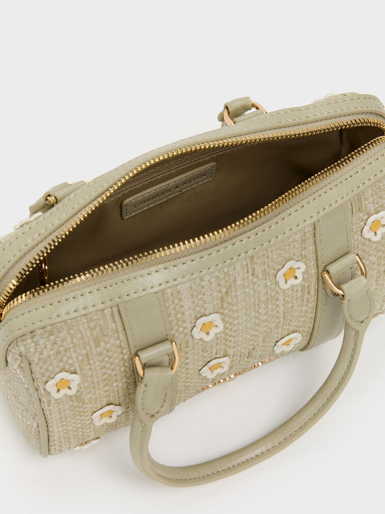 Philomena Raffia Flower Bowling Bag, Pale Olive, hi-res
