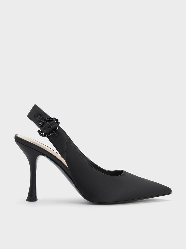 Embellished Recycled Polyester Slingback Pumps, Black, hi-res