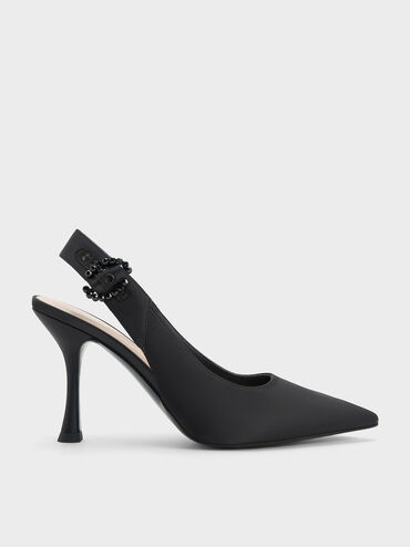 Embellished Recycled Polyester Slingback Pumps, Black, hi-res
