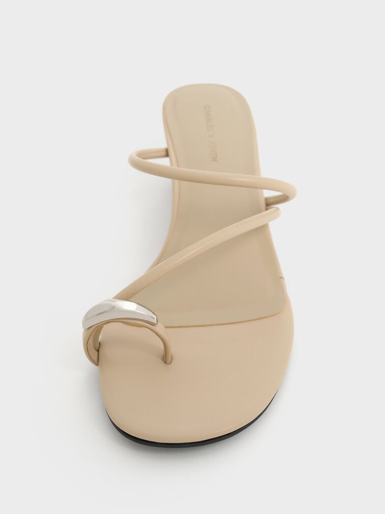 Metallic-Accent Strappy Toe-Ring Heeled Sandals, Taupe, hi-res