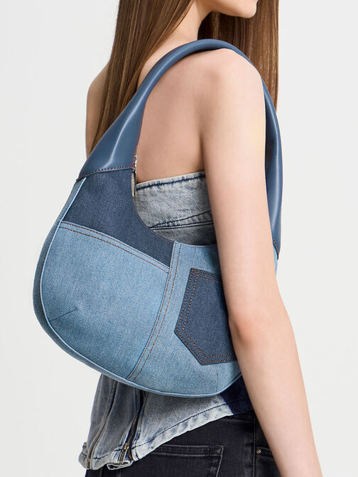 Anthea Denim Contrast-Trim Curved Hobo Bag, Denim Blue, hi-res