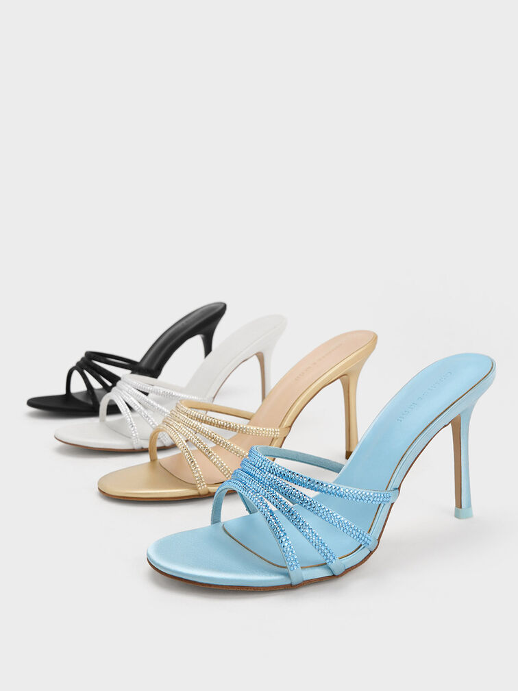 Satin Crystal-Embellished Heeled Mules, Black Textured, hi-res
