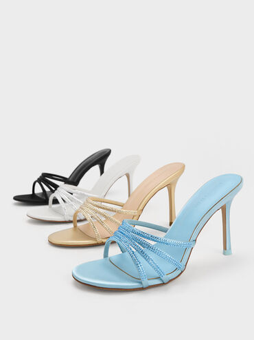 Satin Crystal-Embellished Heeled Mules, Black Textured, hi-res
