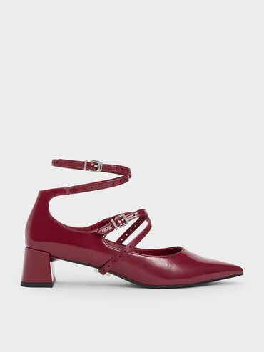 Crinkle-Effect Strappy Buckled Pumps, Burgundy, hi-res