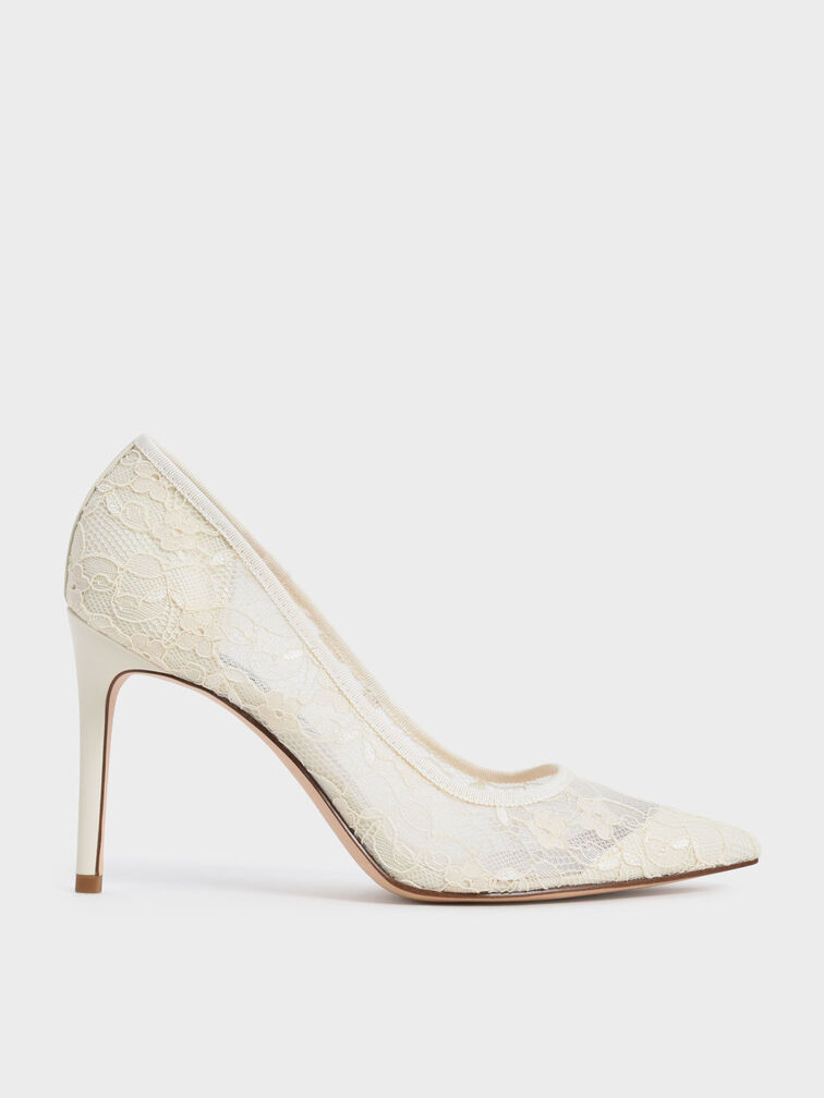 Lace Stiletto Pumps, Cream, hi-res