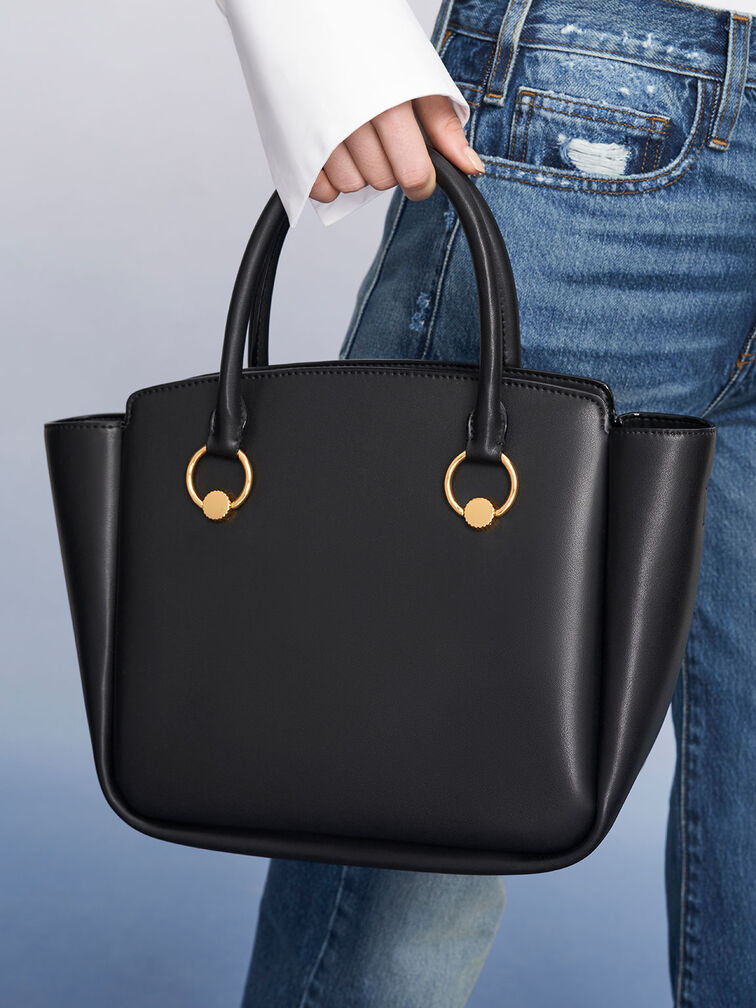 Ring-Embellished Large Tote Bag, Black, hi-res