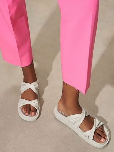 Twist Strap Padded Slide Sandals, White, hi-res