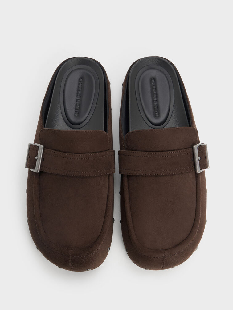 Faux Suede Studded Buckled Flat Mules, Dark Brown Textured, hi-res