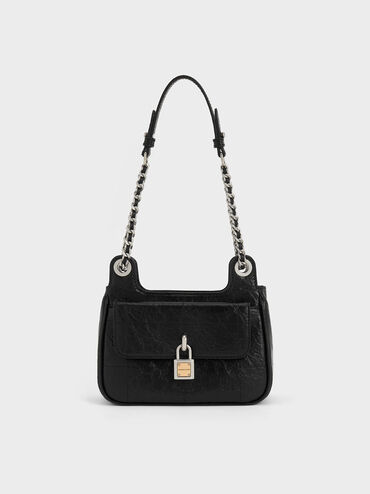 Suki Crinkle-Effect Padlock Shoulder Bag, Noir, hi-res