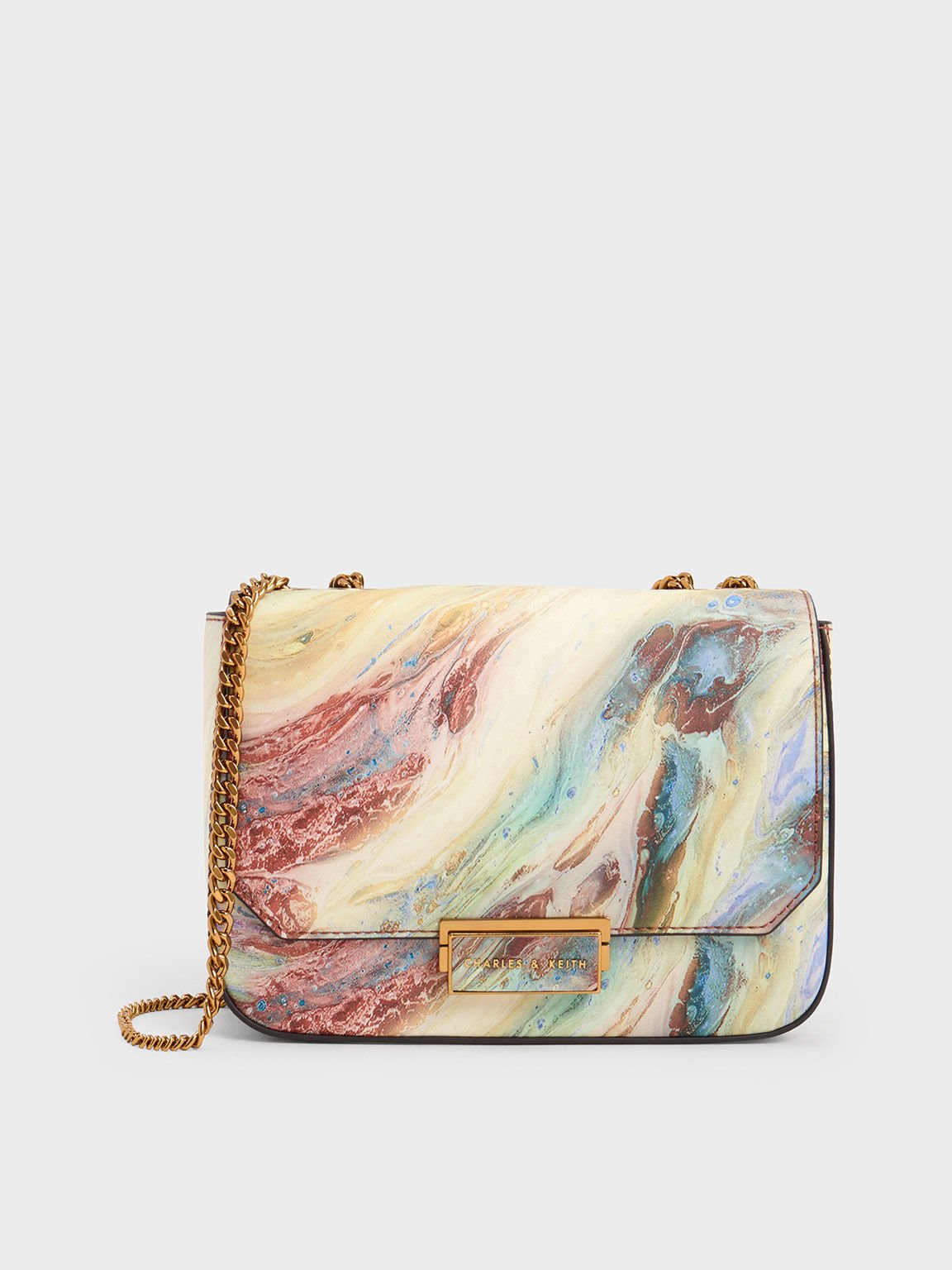 Multicoloured Swirl-Print Push Lock Chain Handle Bag