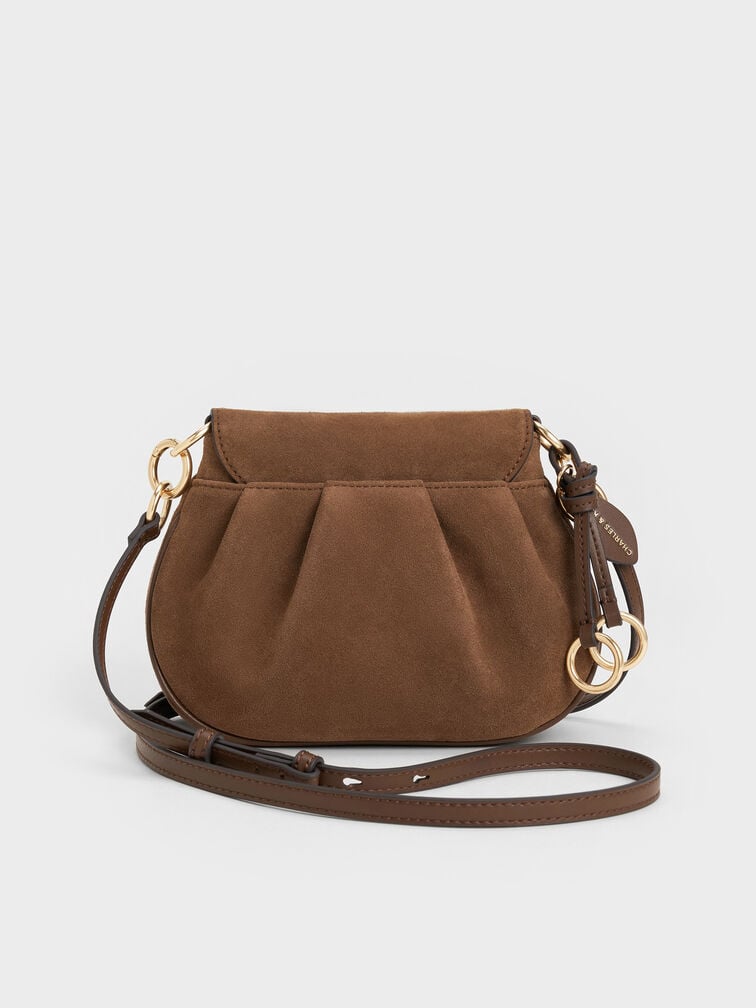 Britton Recycled Suede Ruched Saddle Bag, Mocha Brown, hi-res