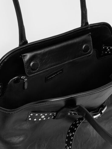 Victoria Studded Belted Trapeze Tote Bag, Noir, hi-res