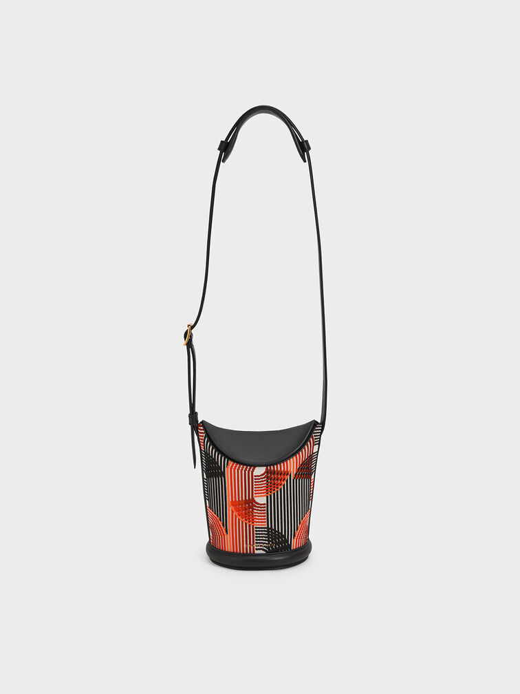 Aurea Printed Knitted Bucket Bag, Orange, hi-res