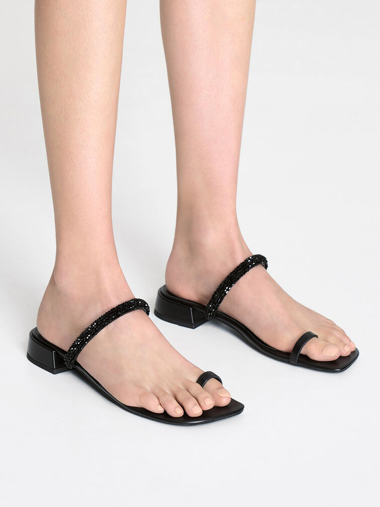 Beaded Toe-Ring Sandals, Black, hi-res