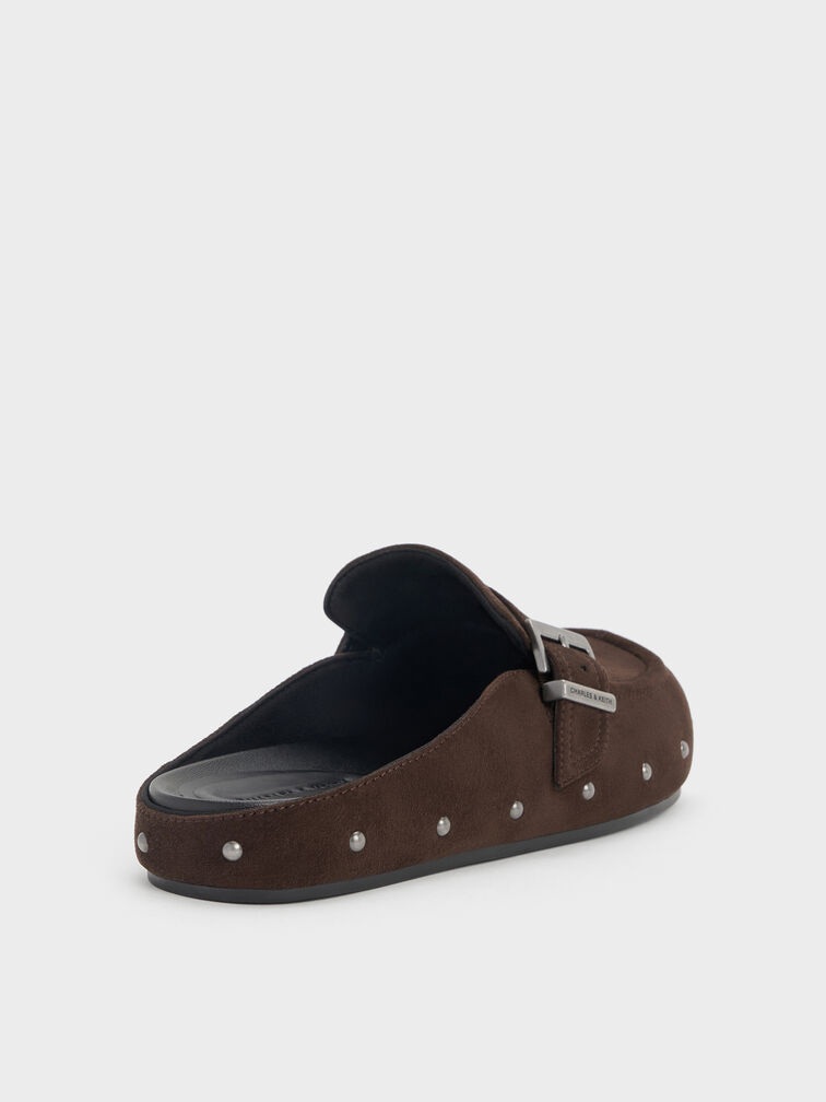 Faux Suede Studded Buckled Flat Mules, Dark Brown Textured, hi-res