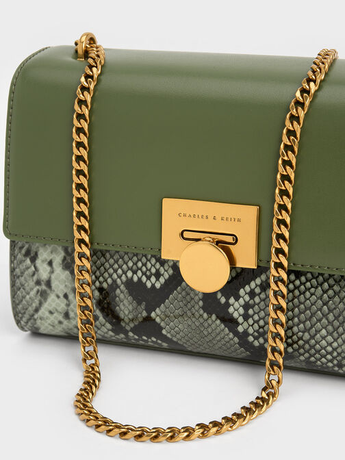 Snake Print Chain-Strap Bag, Green, hi-res