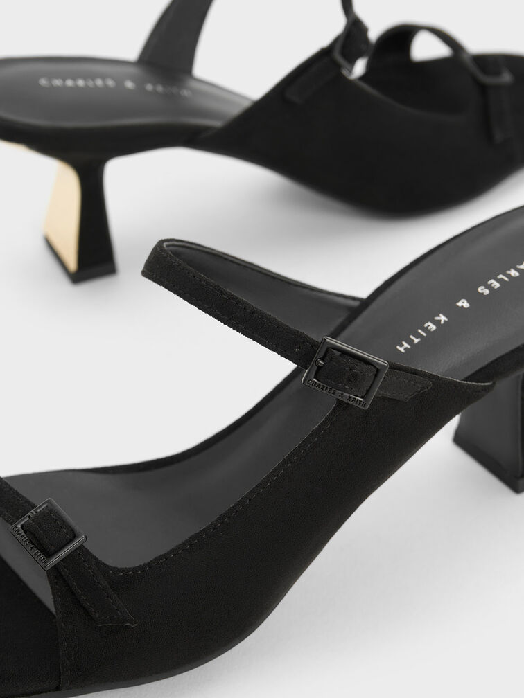 Textured Double Strap Heeled Mules, Black, hi-res