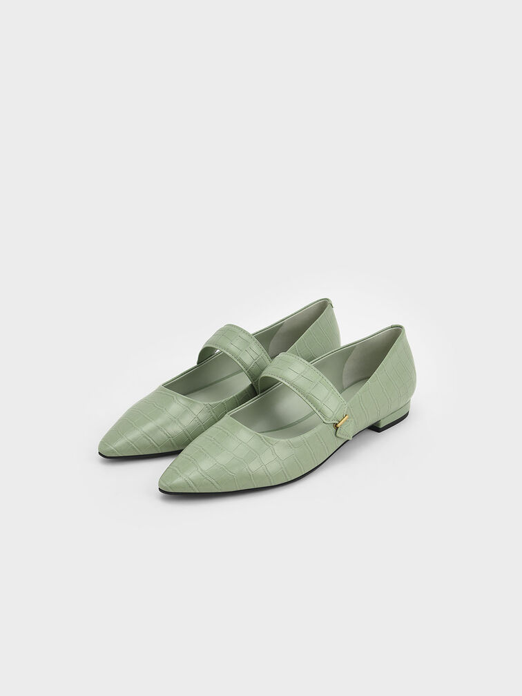 Croc-Effect Pointed-Toe Mary Jane Flats, Animal Print Green, hi-res