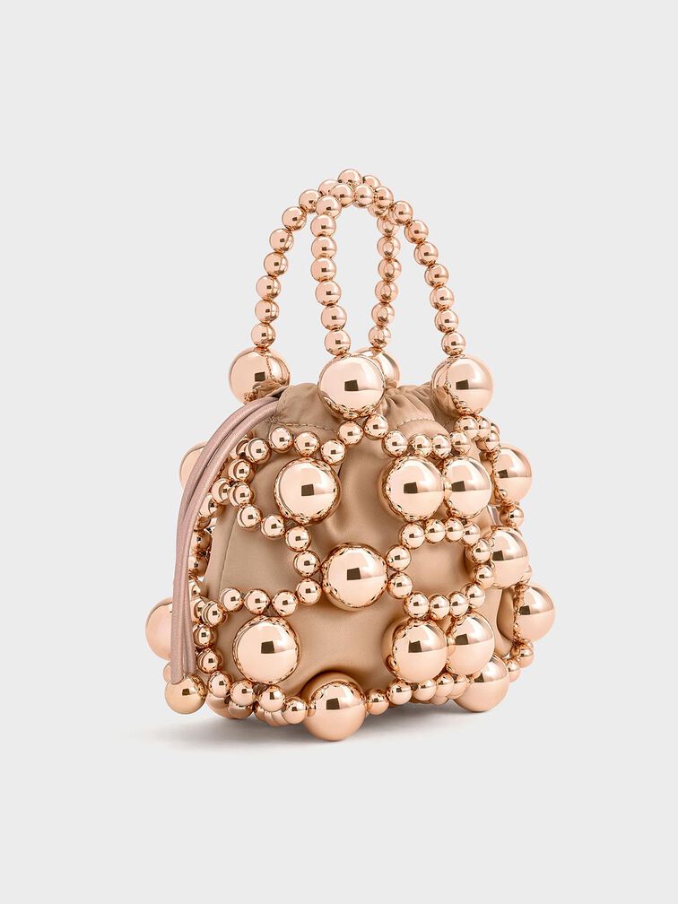 Metallic Beaded Top Handle Bag, Rose Gold, hi-res