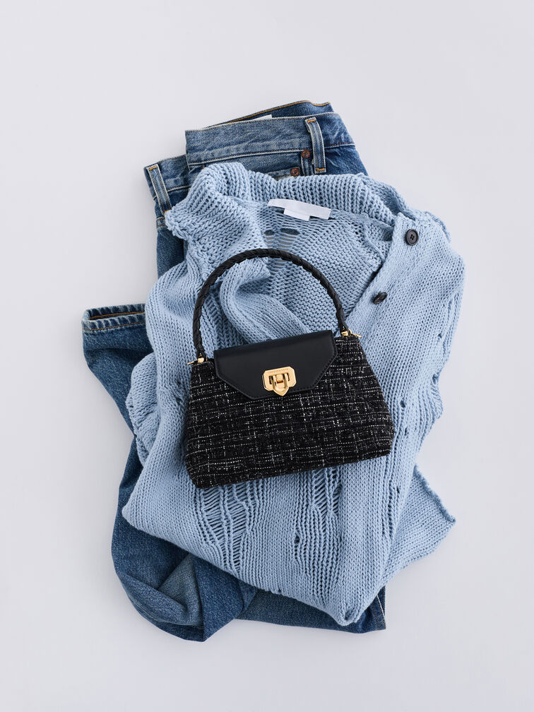 Arwen Tweed Quilted Braided-Strap Top Handle Bag, Black Tweed, hi-res