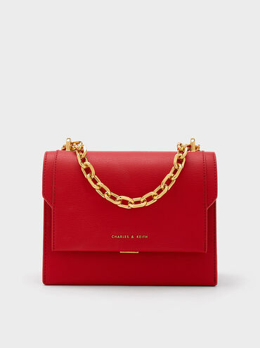 Front Flap Chain Handle Crossbody Bag, Red, hi-res