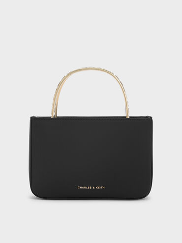 Satin Crystal-Embellished Top Handle Bag, Black, hi-res