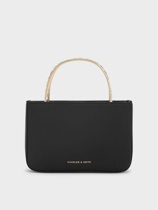 Satin Crystal-Embellished Top Handle Bag, Black, hi-res