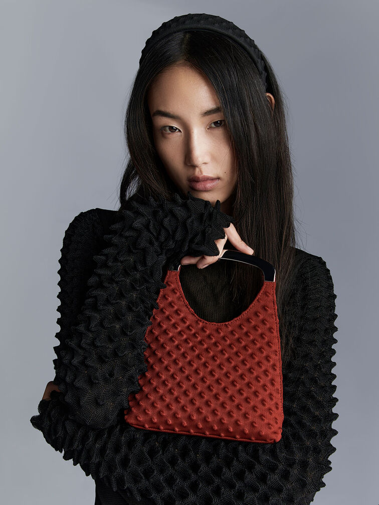 Spike Textured Metallic-Handle Bag, Red, hi-res