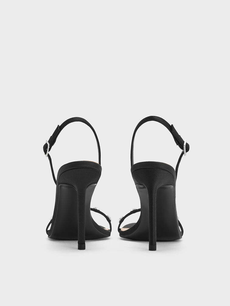 Recycled Polyester Gem-Embellished Heeled Slingback Sandals, Black Textured, hi-res