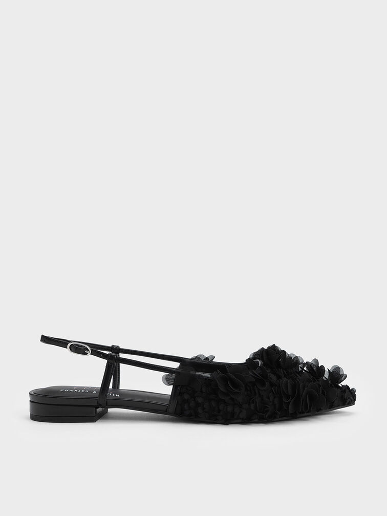 Floral Mesh Slingback Flats, Black, hi-res