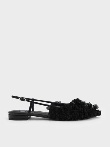Floral Mesh Slingback Flats, Black, hi-res