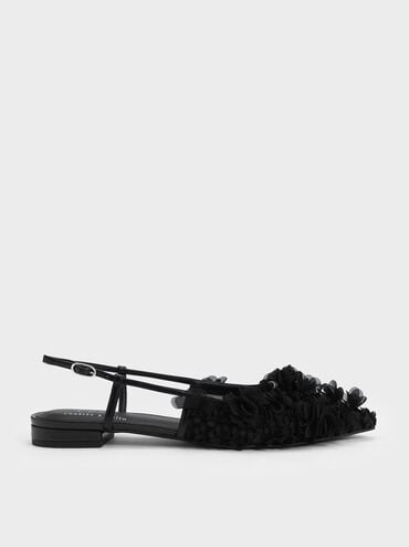 Floral Mesh Slingback Flats, Black, hi-res