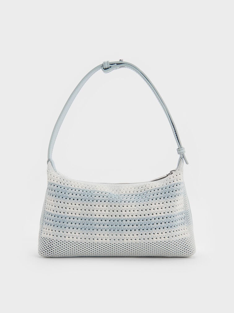 Ida Checkered Knitted Shoulder Bag, Sea Salt Blue, hi-res