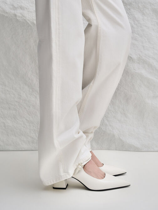 Pointed-Toe Mary Jane Pumps, White, hi-res