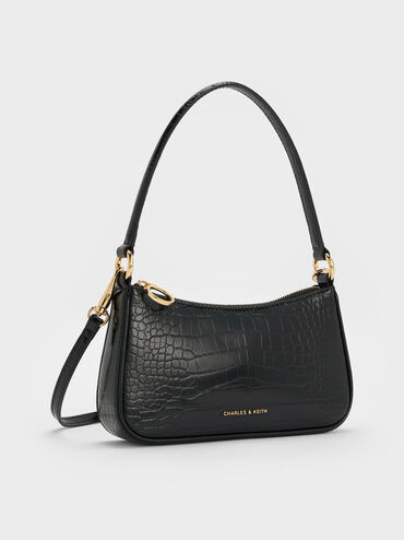 Elspeth Croc-Effect Chain-Link Shoulder Bag, Black Croco, hi-res