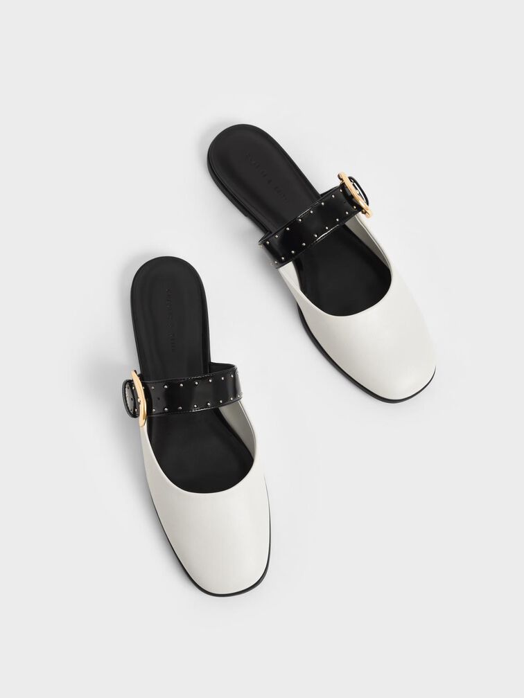 Studded Buckled Flat Mules, Chalk, hi-res