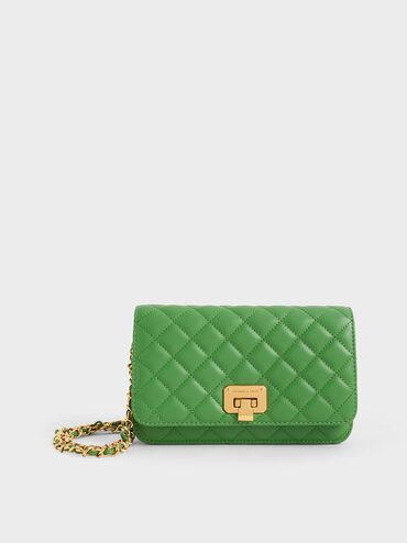 Quilted Push-Lock Clutch, Green, hi-res