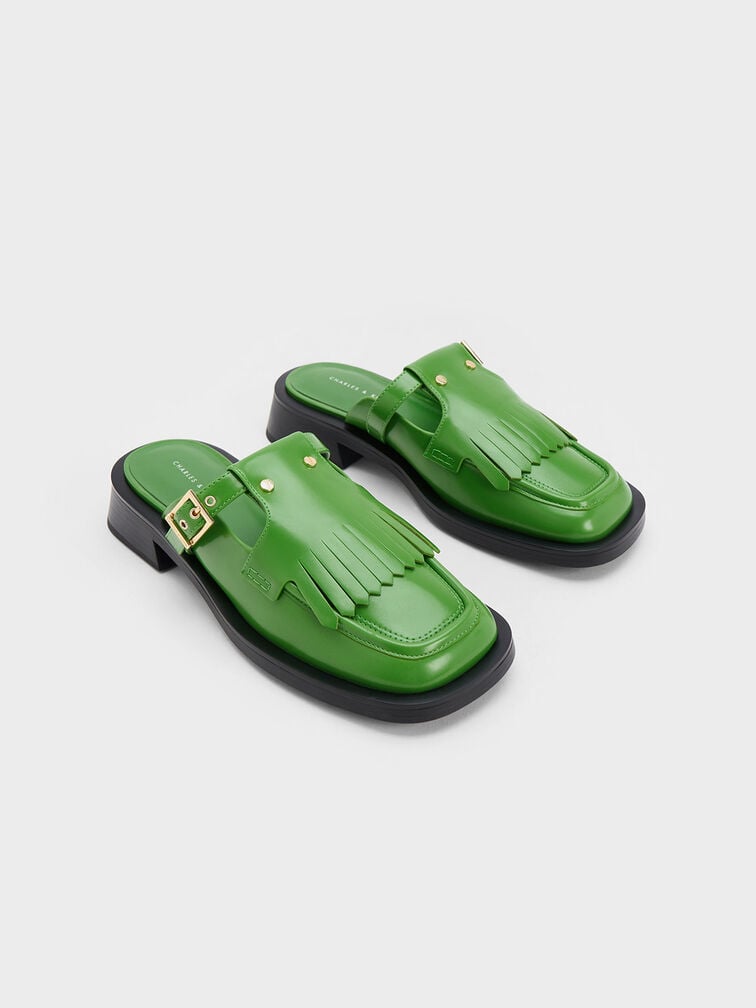 Studded Cut-Out Fringe Mules, Green, hi-res