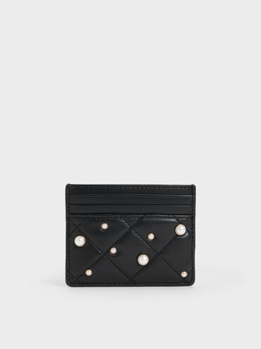 Janie Pearl-Embellished Quilted Card Holder, Black, hi-res