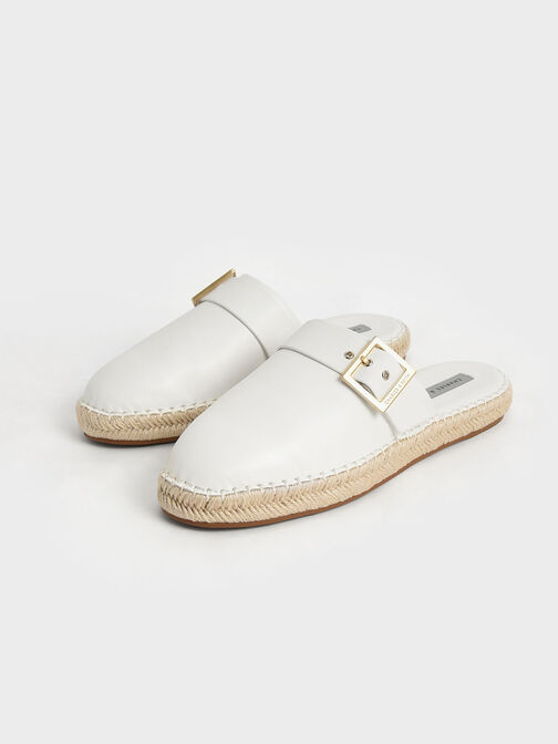 Buckled Espadrille Mules, White, hi-res